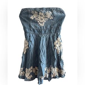 Abercrombie & Fitch Strapless Denim Mini Dress with Cream Floral Embroidery